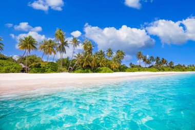 Panoramic landscape view of white beach sand sea water and blue sky clear background. 