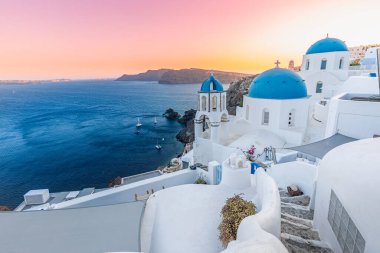 Europe summer destination. Traveling concept, sunny scenic famous landscape of Santorini island, Oia, Greece. Caldera sea view, blue sunny sky dream cityscape. Vacation panorama, amazing outdoor scene