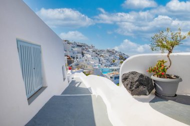 Europe summer destination. Traveling concept, sunny scenic famous landscape of Santorini island, Oia, Greece. Caldera sea view, blue sunny sky dream cityscape. Vacation panorama, amazing outdoor scene
