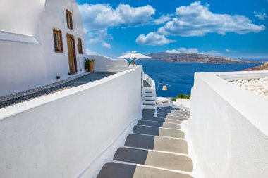 Europe summer destination. Traveling concept, sunny scenic famous landscape of Santorini island, Oia, Greece. Caldera sea view, blue sunny sky dream cityscape. Vacation panorama, amazing outdoor scene