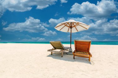 Tropikal plaj doğası yaz manzarası gibi şezlonglar, palmiye ağaçları ve plaj pankartları için sakin denizler. Lüks seyahat manzarası, tatil ya da tatil için güzel bir yer. Plaj sahnesi