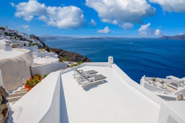 Europe summer destination. Traveling concept, sunny scenic famous landscape of Santorini island, Oia, Greece. Caldera sea view, blue sunny sky dream cityscape. Vacation panorama, amazing outdoor scene
