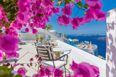 Europe summer destination. Traveling concept, sunny scenic famous landscape of Santorini island, Oia, Greece. Caldera sea view, blue sunny sky dream cityscape. Vacation panorama, amazing outdoor scene