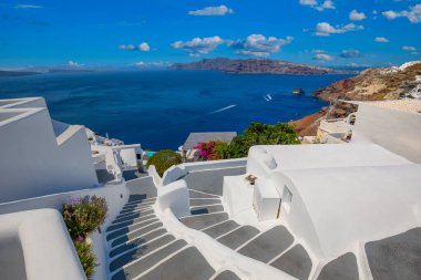 Europe summer destination. Traveling concept, sunny scenic famous landscape of Santorini island, Oia, Greece. Caldera sea view, blue sunny sky dream cityscape. Vacation panorama, amazing outdoor scene