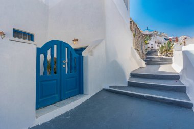 Europe summer destination. Traveling concept, sunny scenic famous landscape of Santorini island, Oia, Greece. Caldera sea view, blue sunny sky dream cityscape. Vacation panorama, amazing outdoor scene