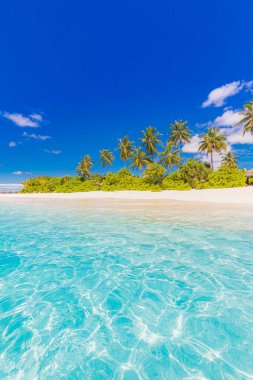 Panoramic landscape view of white beach sand sea water and blue sky clear background. 