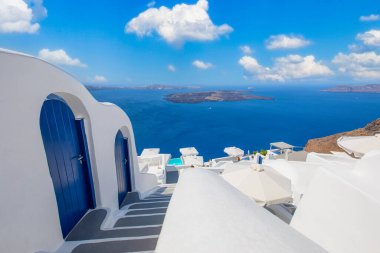 Europe summer destination. Traveling concept, sunny scenic famous landscape of Santorini island, Oia, Greece. Caldera sea view, blue sunny sky dream cityscape. Vacation panorama, amazing outdoor scene