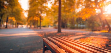 Sonbahar kenar manzaralı sonbahar bankı. Huzurlu, rahatlatıcı gün batımı. Bulanık Bokeh Ormanı Kadını ve güneş ışınları olan ahşap bankın yakınında. Idyllic mevsimlik doğa konsepti, rüya gibi Ekim manzarası