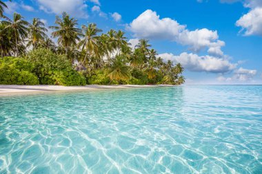 Panoramic landscape view of white beach sand sea water and blue sky clear background. 