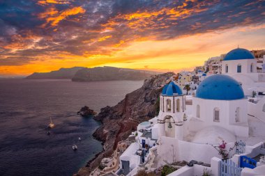 Europe summer destination. Traveling concept, sunny scenic famous landscape of Santorini island, Oia, Greece. Caldera sea view, blue sunny sky dream cityscape. Vacation panorama, amazing outdoor scene