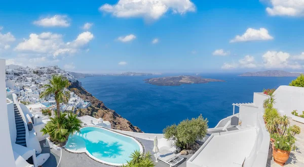 Europe summer destination. Traveling concept, sunny scenic famous landscape of Santorini island, Oia, Greece. Caldera sea view, blue sunny sky dream cityscape. Vacation panorama, amazing outdoor scene