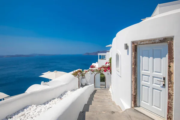 Europe summer destination. Traveling concept, sunny scenic famous landscape of Santorini island, Oia, Greece. Caldera sea view, blue sunny sky dream cityscape. Vacation panorama, amazing outdoor scene