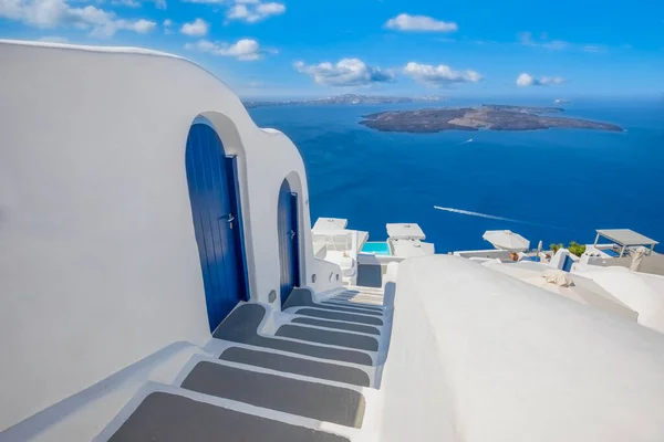 Geweldig Panoramisch Landschap Luxe Reisvakantie Oia Stadstrap Blauwe Deuren Santorini — Stockfoto