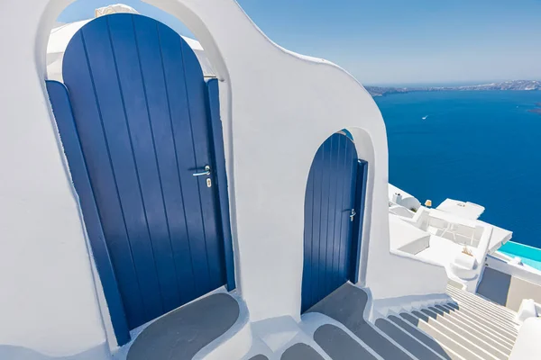 Paysage Panoramique Incroyable Vacances Voyage Luxe Escaliers Ville Oia Portes — Photo