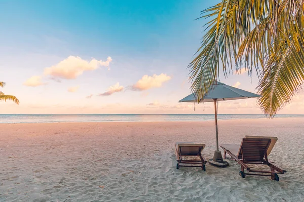 靠海的沙滩上的椅子 暑假和旅游度假的概念 具有启发性的热带景观 — 图库照片