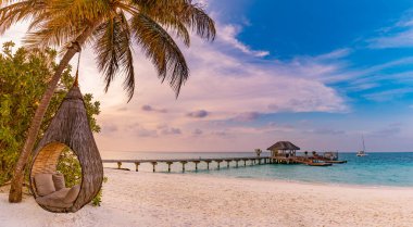 Tropik plaj günbatımı yaz manzarası lüks tatil köyü palmiye salıncak hamağı, gün batımı sahili manzarası için kumsal kıyısı.