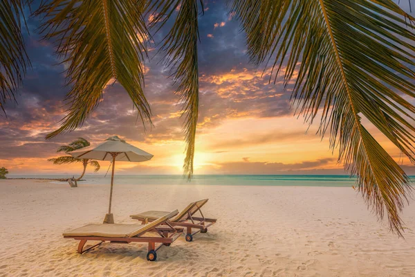 Tropischer Sonnenuntergang Strand Als Sommerlandschaft Mit Luxuriösem Resort Strand Palmenschaukel — Stockfoto