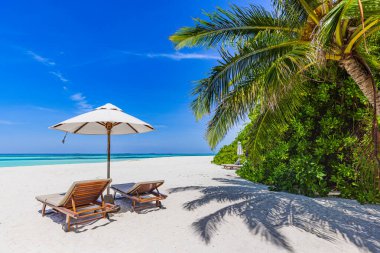 Şemsiyeli ve sandalyeli güzel deniz plajı
