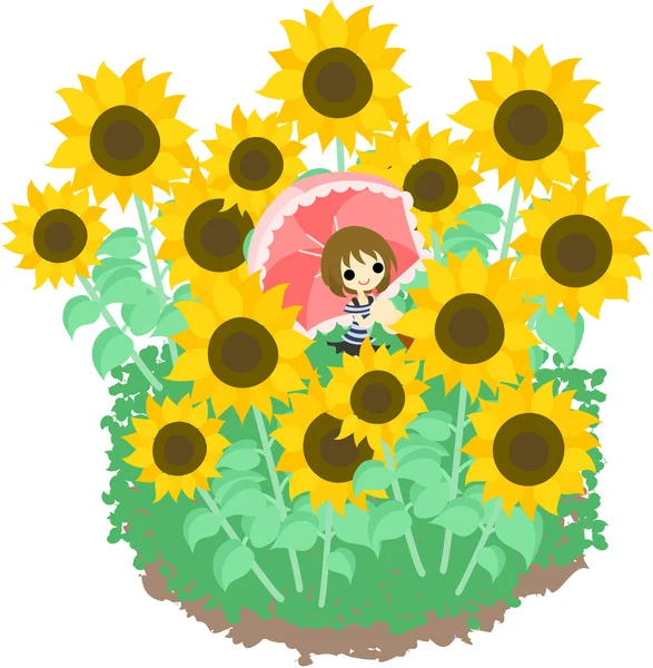 A sunflower field and a red parasol — Stock Vector