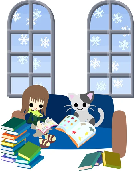 Reading books with a cat — Stock Vector