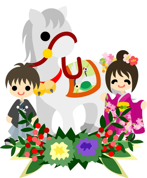 Hästar och människor "japanska celebration" — Stock vektor
