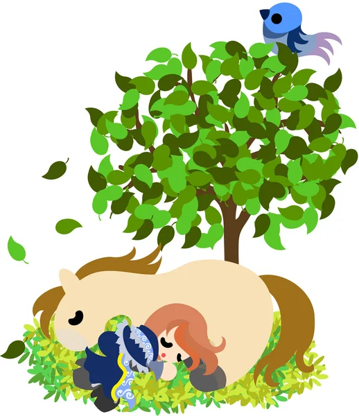 Horses and People "Taking a nap under the tree" — Stock Vector