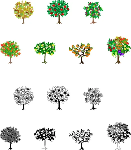 Fourteen Fruits Tree Icons — Stock Illustration Fourteen Fruits Tree Icons Stock Vector