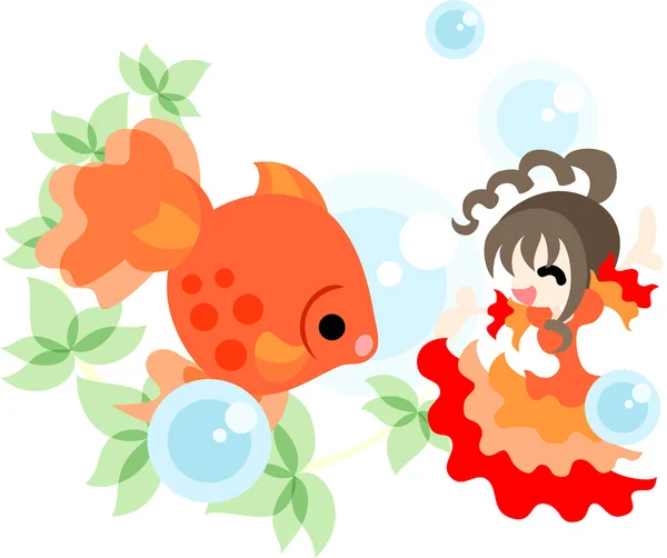 Dance of gold fishes and girls — Stock Vector