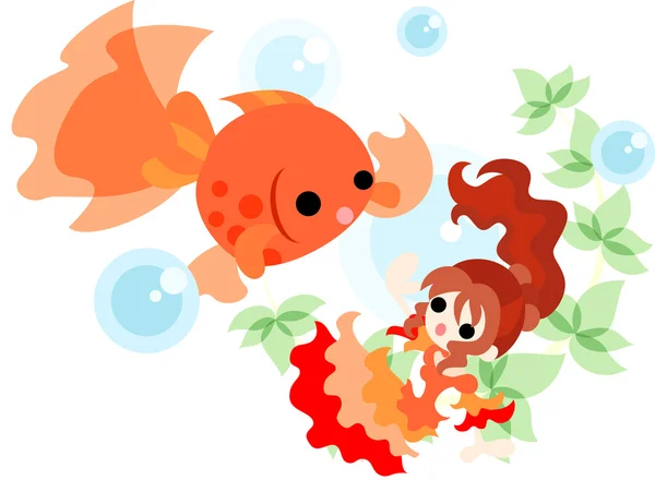 Dance of gold fishes and girls — Stock Vector