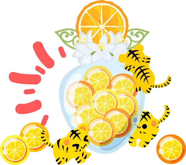 Illustration Von Niedlichen Tigern Und Einer Flasche Orangenbonbons — Stockvektor