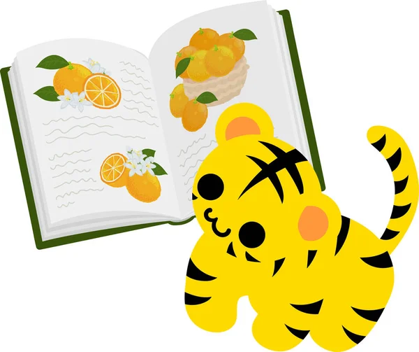 Εικονογράφηση Ενός Χαριτωμένου Τίγρη Και Ένα Πορτοκαλί Βιβλίο Εικόνων — Διανυσματικό Αρχείο