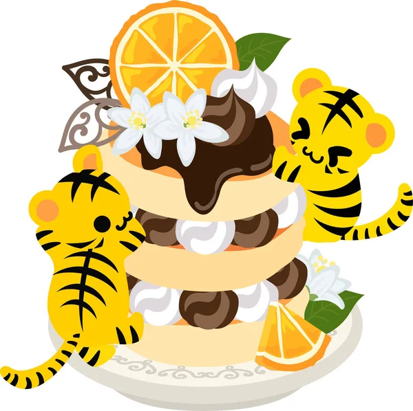 Illustration Cute Tigers Orange Pancakes — Stock Vector