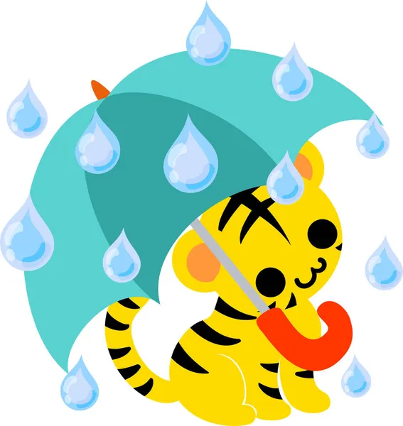 Illustration Tigre Mignon Tenant Parapluie Jour Pluie — Image vectorielle