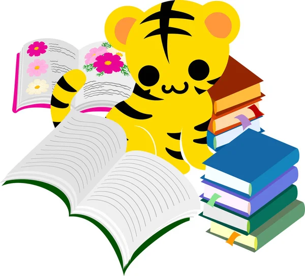 Illustration Eines Niedlichen Tigers Der Viele Bücher Liest — Stockvektor