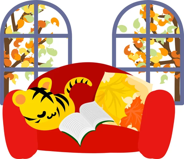 Illustration Eines Niedlichen Tigers Und Eines Herbstfensters — Stockvektor