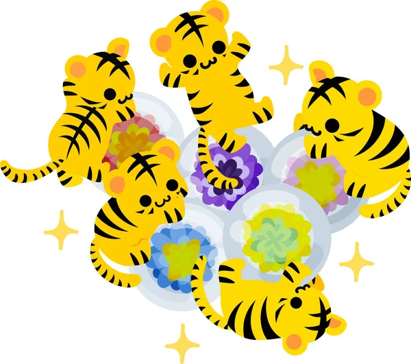 Illustration Cute Tigers Mysterious Crystals — Stock Vector