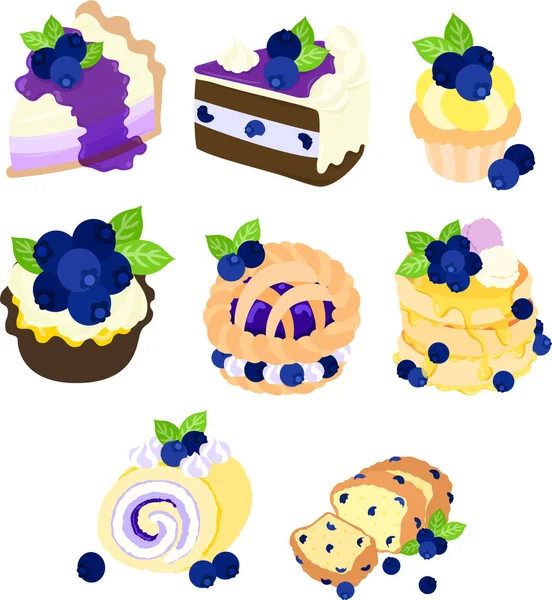 Various Cute Blueberry Icons Rare Cheese Cake Shortcake Cupcake Tart — Stock Vector