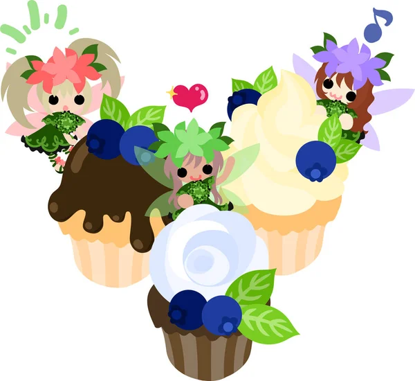 Illustration Jolies Fées Fleuries Cupcakes Aux Myrtilles — Image vectorielle