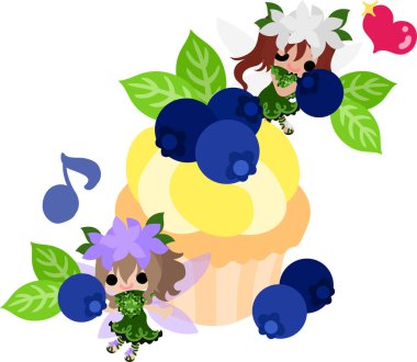 Şirin çiçek perileri ve yaban mersinli kekin resmi.