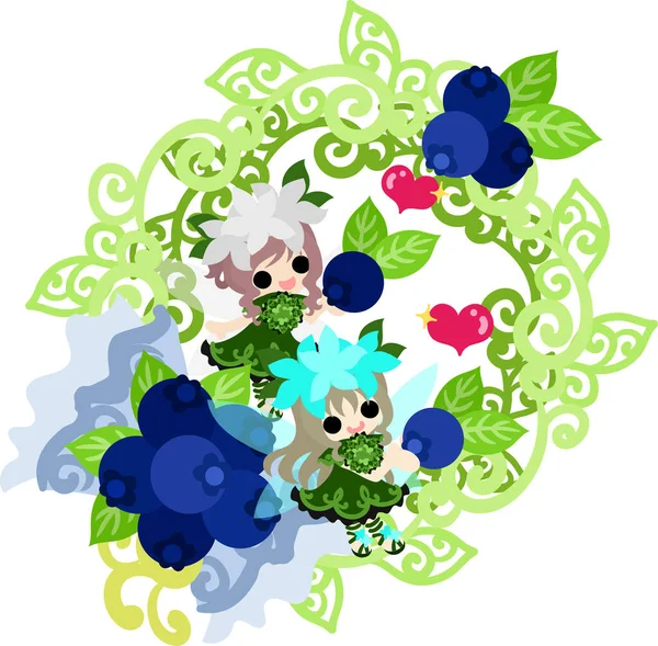 可愛い花の妖精とブルーベリーのリースのイラスト — ストックベクタ