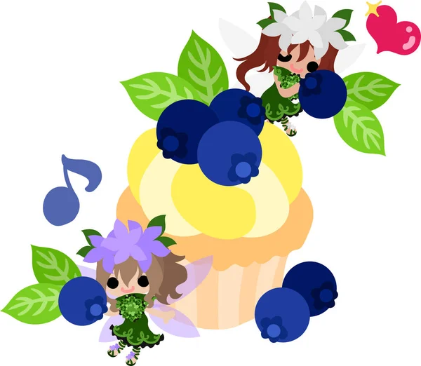 Şirin çiçek perileri ve yaban mersinli kekin resmi.