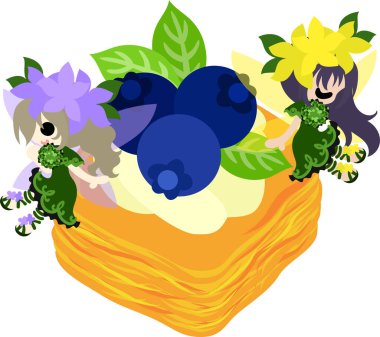 Şirin çiçek perileri ve yaban mersinli çöreğin resmi.