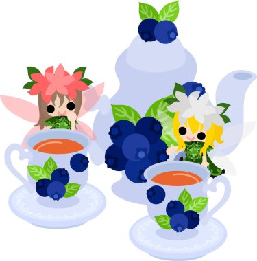 Şirin çiçek perileri ve yaban mersinli çay setinin resmi.