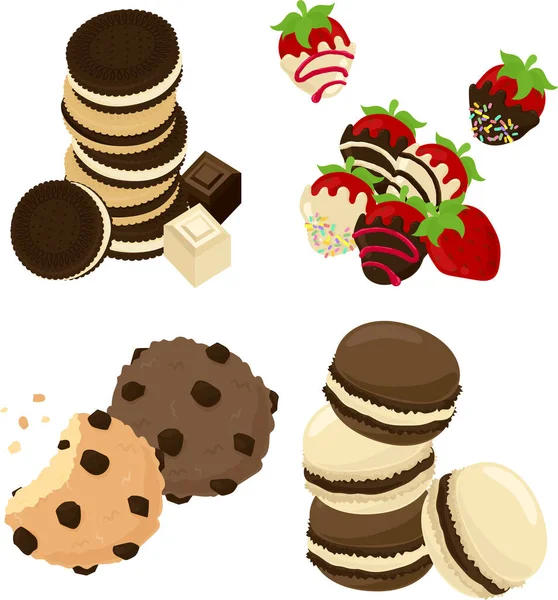 Diverse Schattige Chocolade Snoepjes Pictogrammen Zoals Biscuit Sandwiches Aardbeien Chocolade — Stockvector