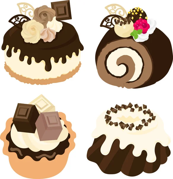 Διάφορα Χαριτωμένα Σοκολατένια Γλυκά Όπως Κέικ Διακόσμησης Και Κέικ Ρολό — Διανυσματικό Αρχείο