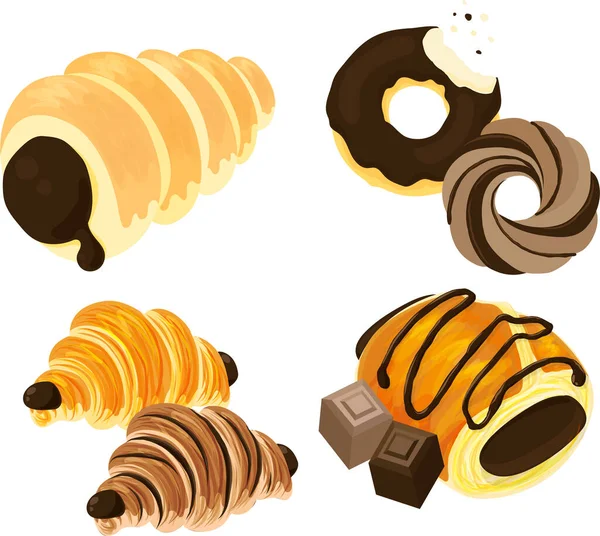 Různé Roztomilé Čokoládové Bonbóny Ikony Jako Čokoládový Kornet Koblihy Croissanty — Stockový vektor
