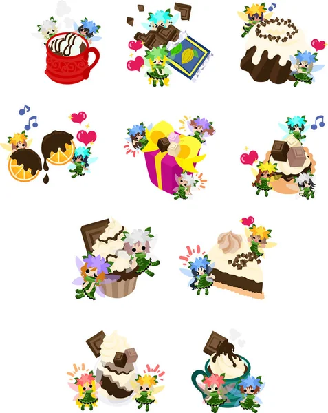 Illustration Jolies Fées Fleurs Bonbons Chocolat Tels Que Chocolat Chaud — Image vectorielle
