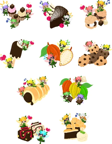 Illustration Cute Flower Fairies Chocolate Sweets Cupcakes Gateau Chocolate Cream — Stock Vector