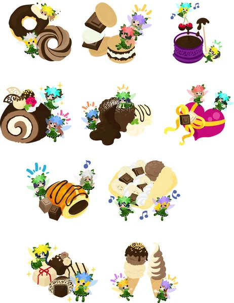 Illustration Cute Flower Fairies Chocolate Sweets Donuts More Chocolate Date — Stock Vector