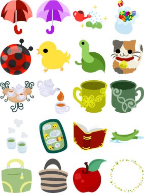 Çeşitli farklı malların sevimli ikonları.